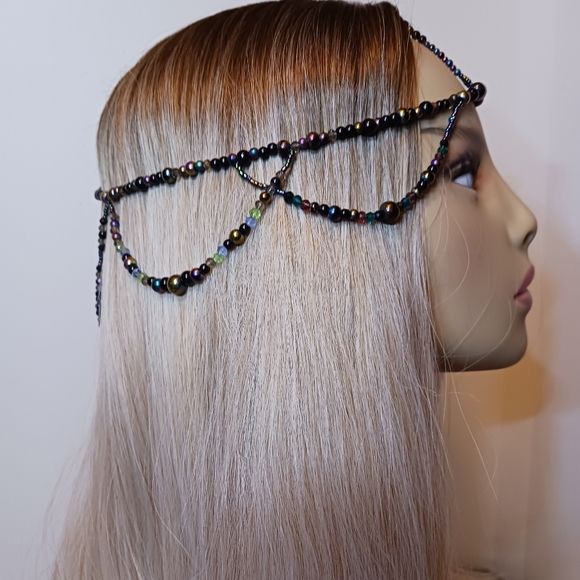 Beaded Headpiece Black glass beads, multi-colored coated glass beads. - Picture 6 of 6
